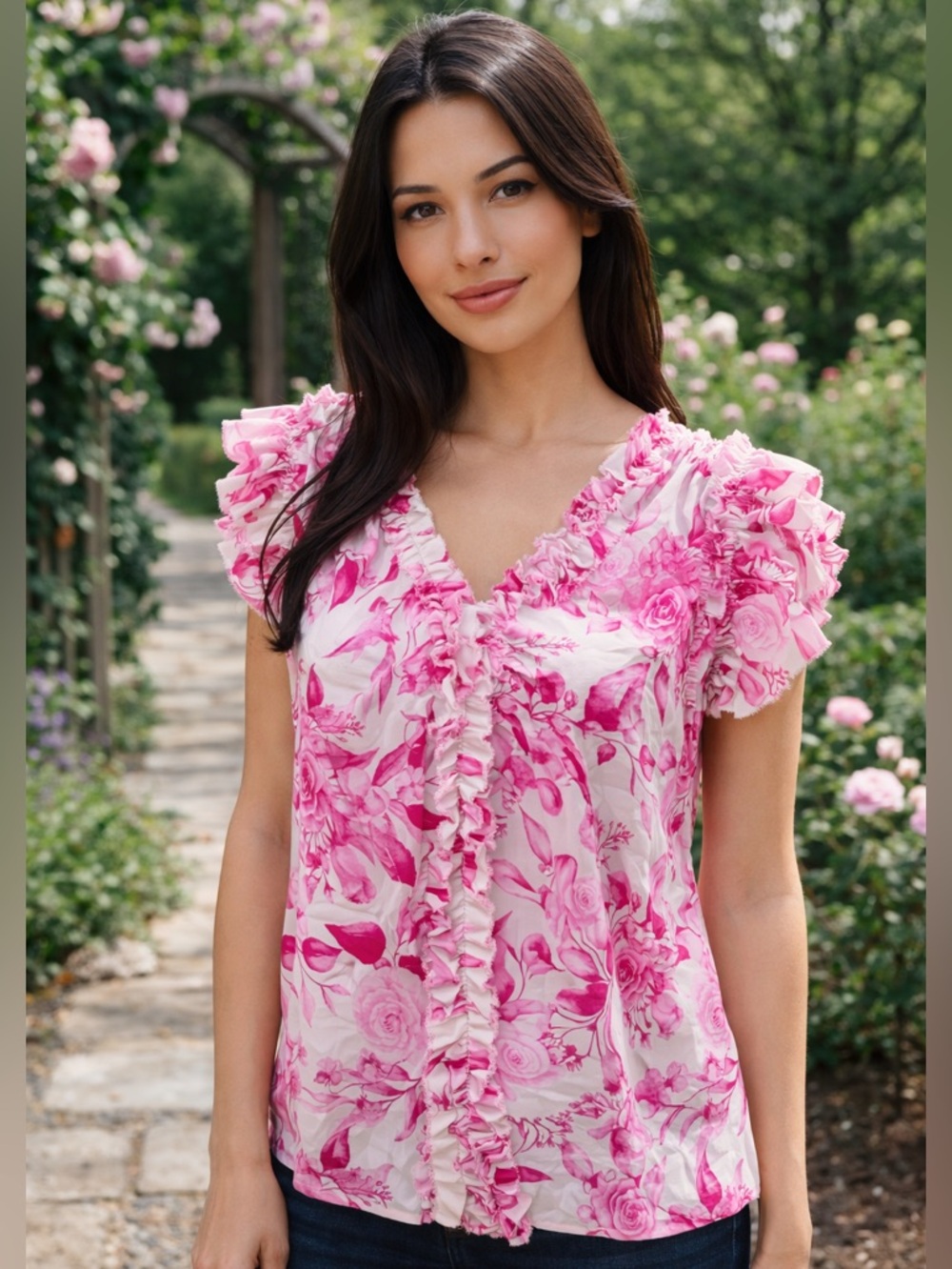Cupcakes & Cashmere Pink Floral Ruffle Blouse XS Feminine Romantic Top